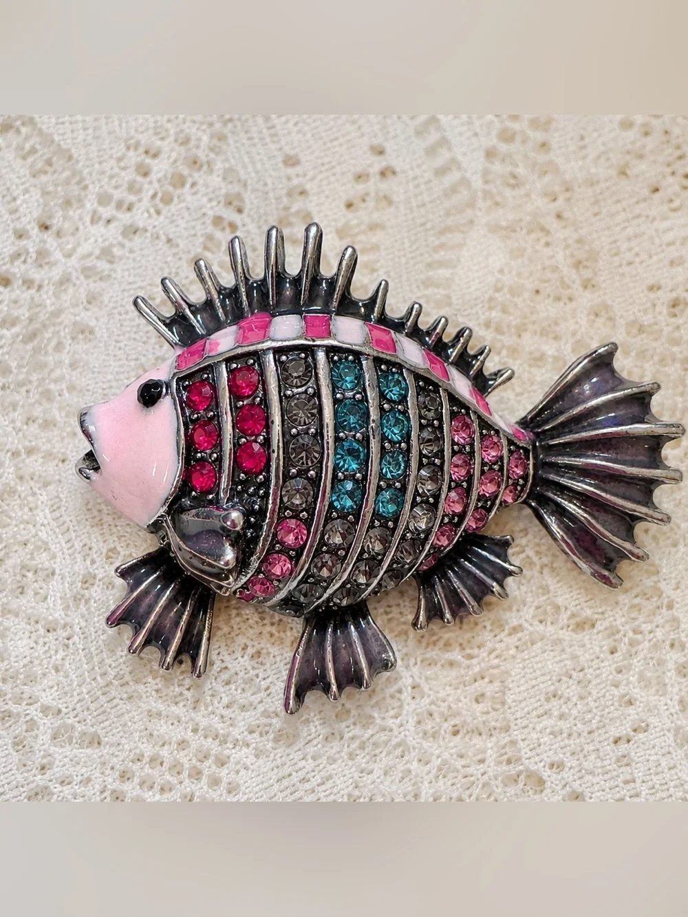 Rhinestone Tropical Fish Brooch Pin Pink Blue Silver Tone Statement Jewelry Fun